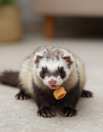 Cute ferret with a cookie in his mouth. Selective focus.