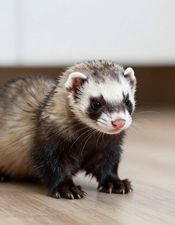 Portrait of a ferret on a wooden floor. Close-up.の写真素材