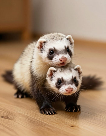 Pair of ferrets standing on the floor in the room.の写真素材