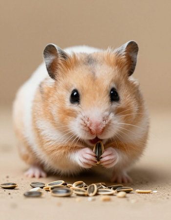Hamster eating sunflower seeds on a brown background, close-upの写真素材