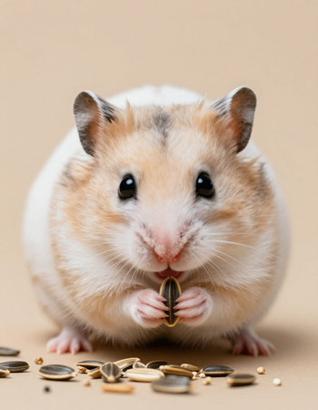 Hamster eating sunflower seeds on a beige background, close-up