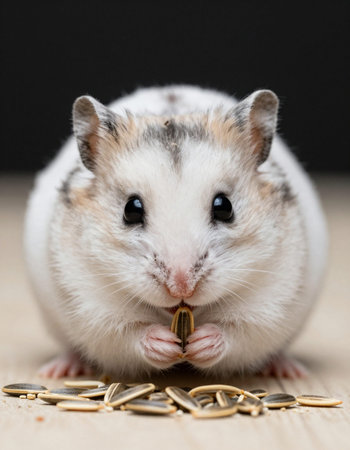 Hamster eating sunflower seeds on a wooden table against a black backgroundの写真素材