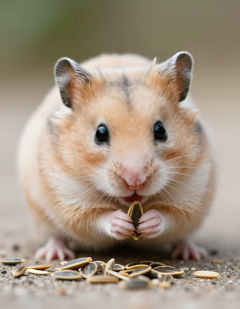 Hamster eating sunflower seeds on the ground, close-upの写真素材