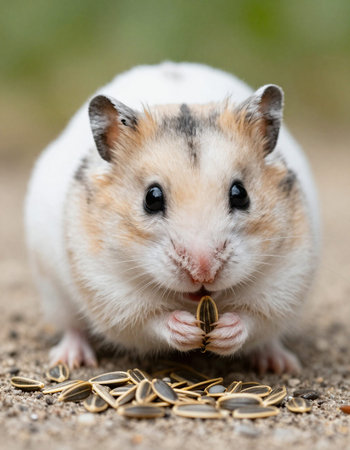 Hamster eating sunflower seeds on the ground, close-up