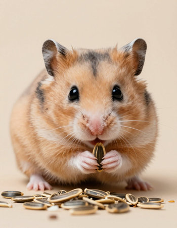 Hamster eating sunflower seeds on beige background. Studio shot.