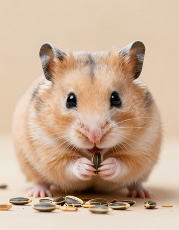 Hamster with coins on beige background, close-up.