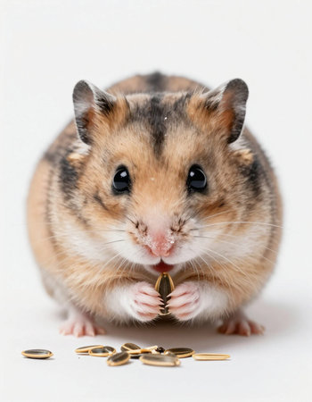 Hamster with gold coins isolated on white background, studio shot.