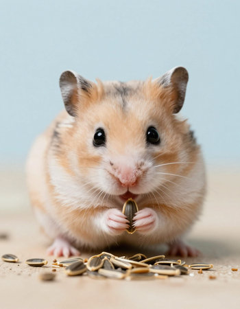 Hamster with sunflower seeds on a blue background, close-up