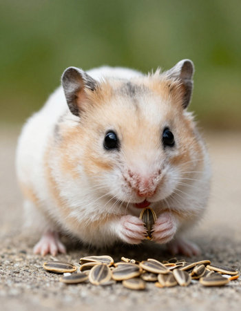 Hamster eating sunflower seeds on the ground, close-upの写真素材