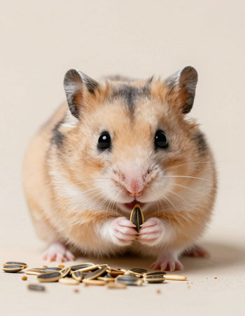Hamster eating sunflower seeds on a light background, close-up