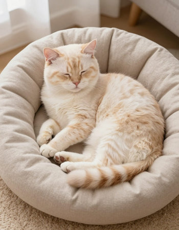Cute cat sleeping in beanbag chair at homeの写真素材