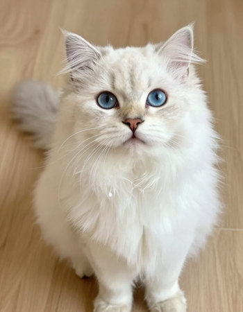 Portrait of a white cat with blue eyes on a wooden floor