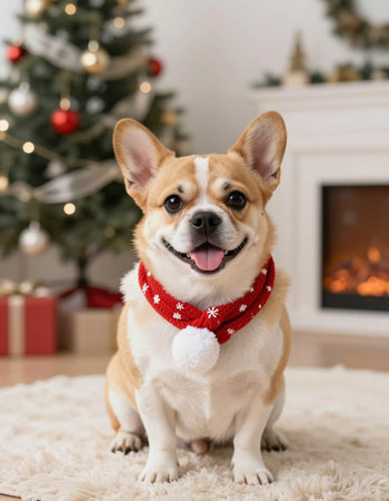 Cute welsh corgi dog in front of christmas treeの写真素材