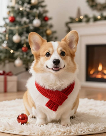 cute welsh corgi dog with red scarf and christmas ballの写真素材
