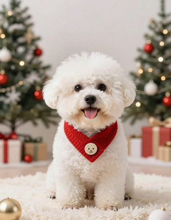 Cute dog with Christmas tree on background, closeup. New Year celebrationの写真素材