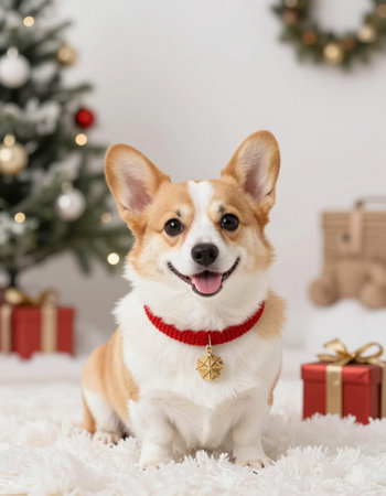 Cute welsh corgi dog with christmas tree on backgroundの写真素材