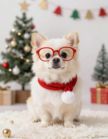 Cute chihuahua dog in red glasses with Christmas tree on backgroundの写真素材