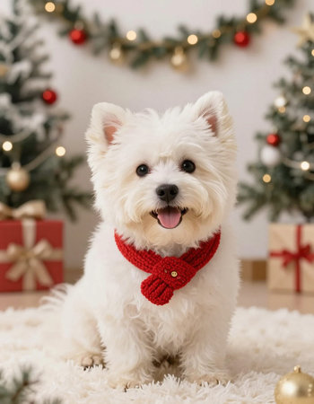 Cute West Highland White Terrier dog in red scarf and Christmas tree backgroundの写真素材