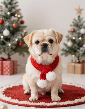 Cute puppy in red scarf sitting on carpet near christmas tree at homeの写真素材