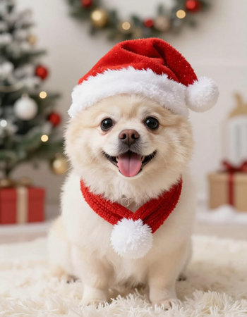 Cute Pomeranian dog in Santa Claus hat on Christmas backgroundの写真素材