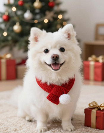 Cute dog with gift box and Christmas tree on background at homeの写真素材