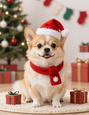 Cute welsh corgi dog in santa hat on Christmas background