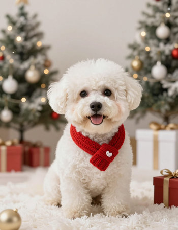 Cute dog with christmas tree and gifts on background at homeの写真素材