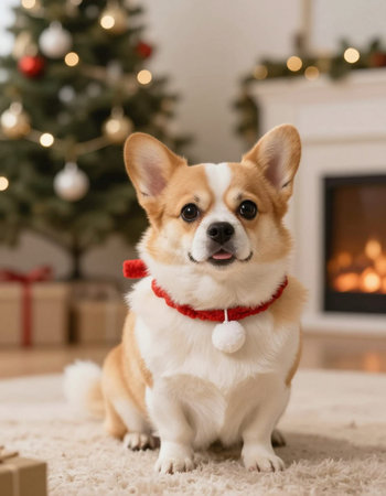 Cute welsh corgi dog at home in front of christmas treeの写真素材