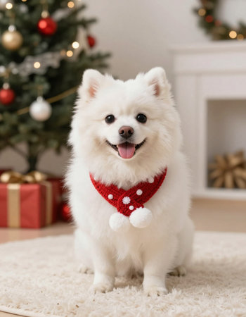 Cute Pomeranian dog with Christmas tree and gifts at homeの写真素材