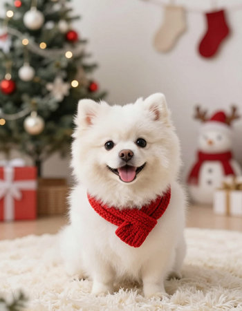 Cute Pomeranian dog with red scarf on Christmas background.の写真素材