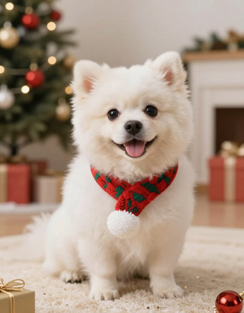 White Pomeranian dog with red scarf on the background of Christmas treeの写真素材