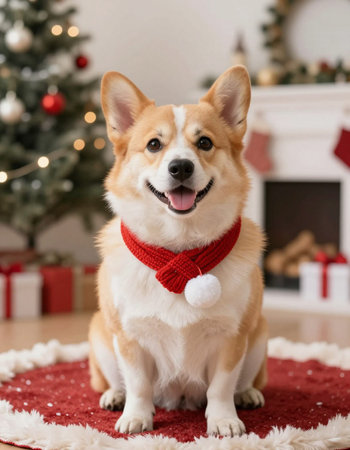 Cute welsh corgi dog at home on christmas dayの写真素材