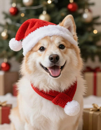 Cute Akita Inu dog in Santa hat on Christmas backgroundの写真素材