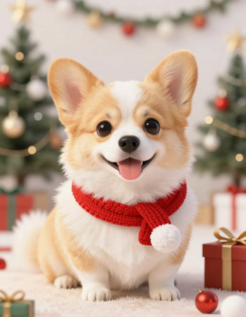 Cute welsh corgi dog with christmas decoration on backgroundの写真素材