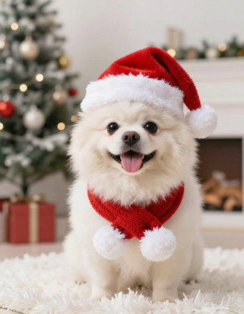 Cute Pomeranian dog in Santa Claus hat on Christmas backgroundの写真素材