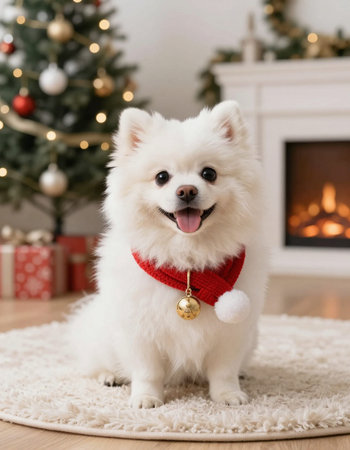 Cute Pomeranian Spitz dog at home near Christmas tree