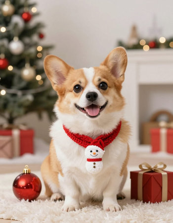 Cute welsh corgi dog with christmas decoration at homeの写真素材