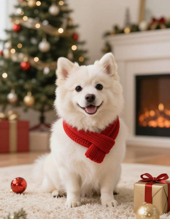 Cute dog with Christmas gift at home, on background of fireplaceの写真素材