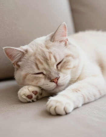 Cute white cat sleeping on sofa at home. Close up.の写真素材