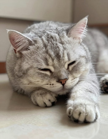 British Shorthair cat lying on the floor, close-upの写真素材