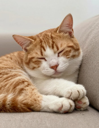 Cute ginger cat sleeping on the sofa, close-up.