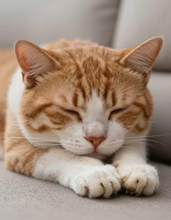 Cute red cat sleeping on sofa, closeup. Lovely pet