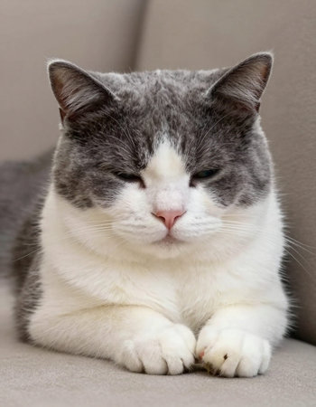Portrait of a gray and white cat lying on the sofa.の写真素材