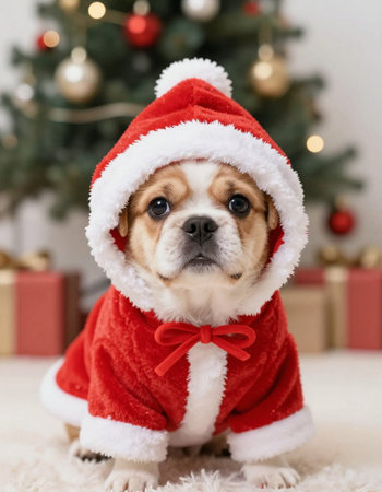 Cute dog in Santa Claus costume on the background of Christmas treeの写真素材