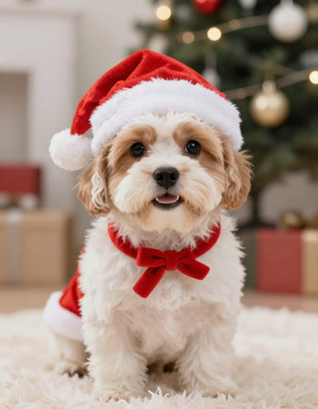 Cute dog in Santa hat on carpet at Christmas tree background.