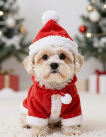 Cute dog in Santa costume on background of Christmas tree at homeの写真素材