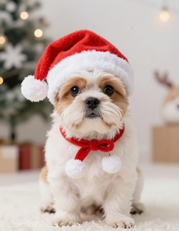 Cute Shih Tzu puppy in Santa hat on Christmas backgroundの写真素材