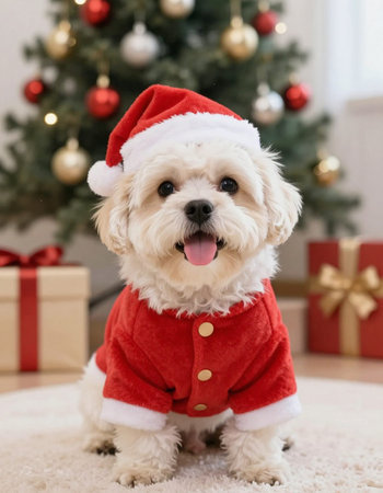 Cute Maltese dog in Santa costume at home on Christmas day