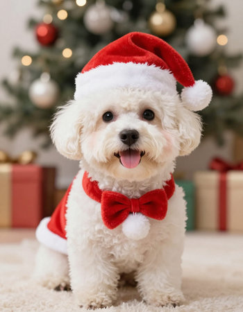 Bichon Frise dog wearing santa hat on Christmas backgroundの写真素材