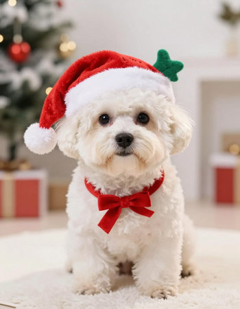 Cute little dog in Santa hat on Christmas background, closeup